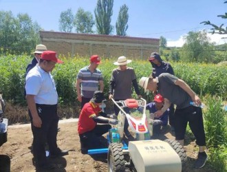 康樂開展電動牽引平臺水果玉米鋪膜、點播試驗